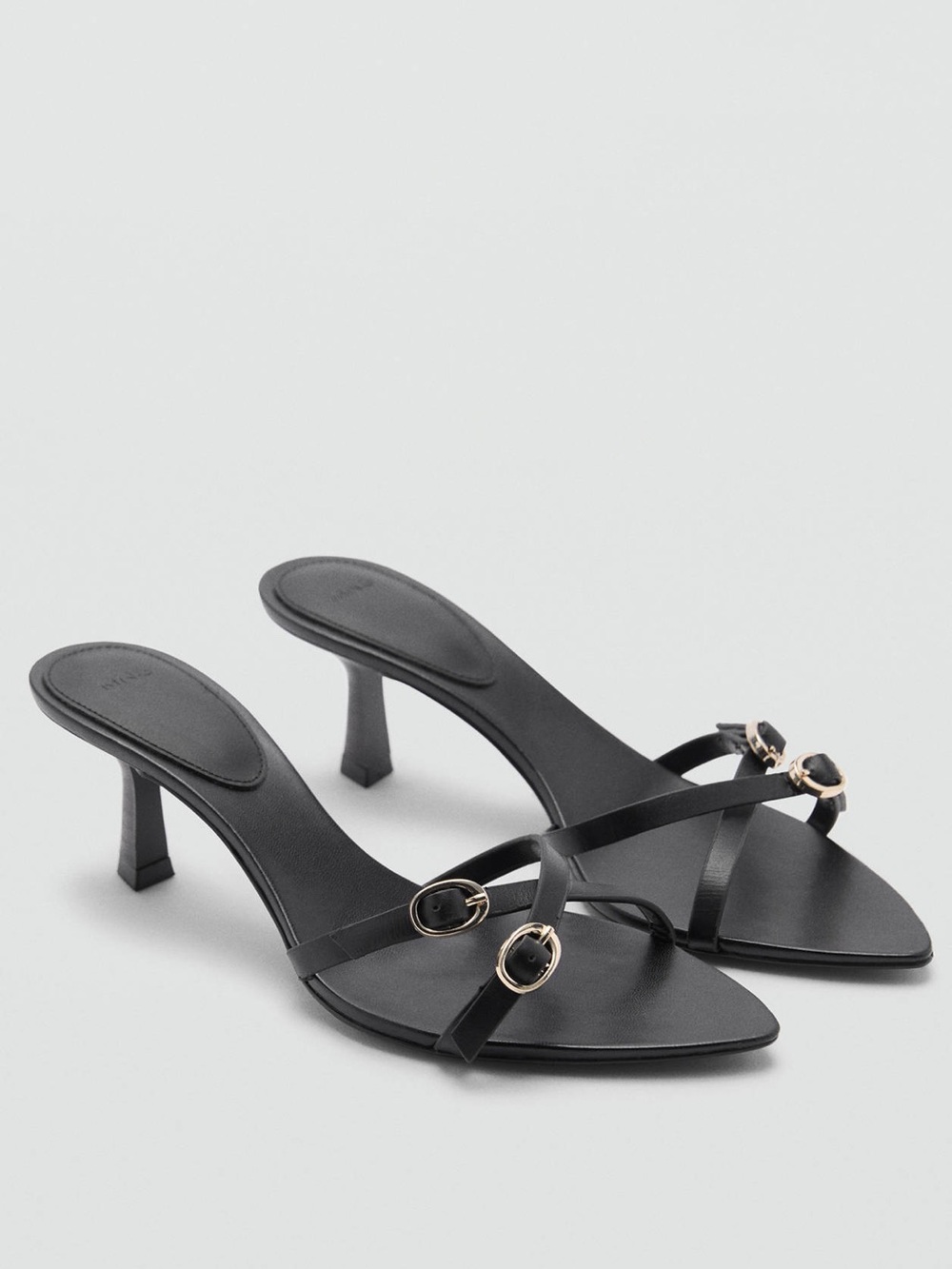 Mango Black Leather Buckle Strappy Kitten Heel Sandals Size 36 / US 6 NWT